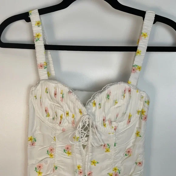 For Love & Lemons Celia Floral Embroidered Shirred Lace-Up Mini Dress XS - Picture 5 of 14